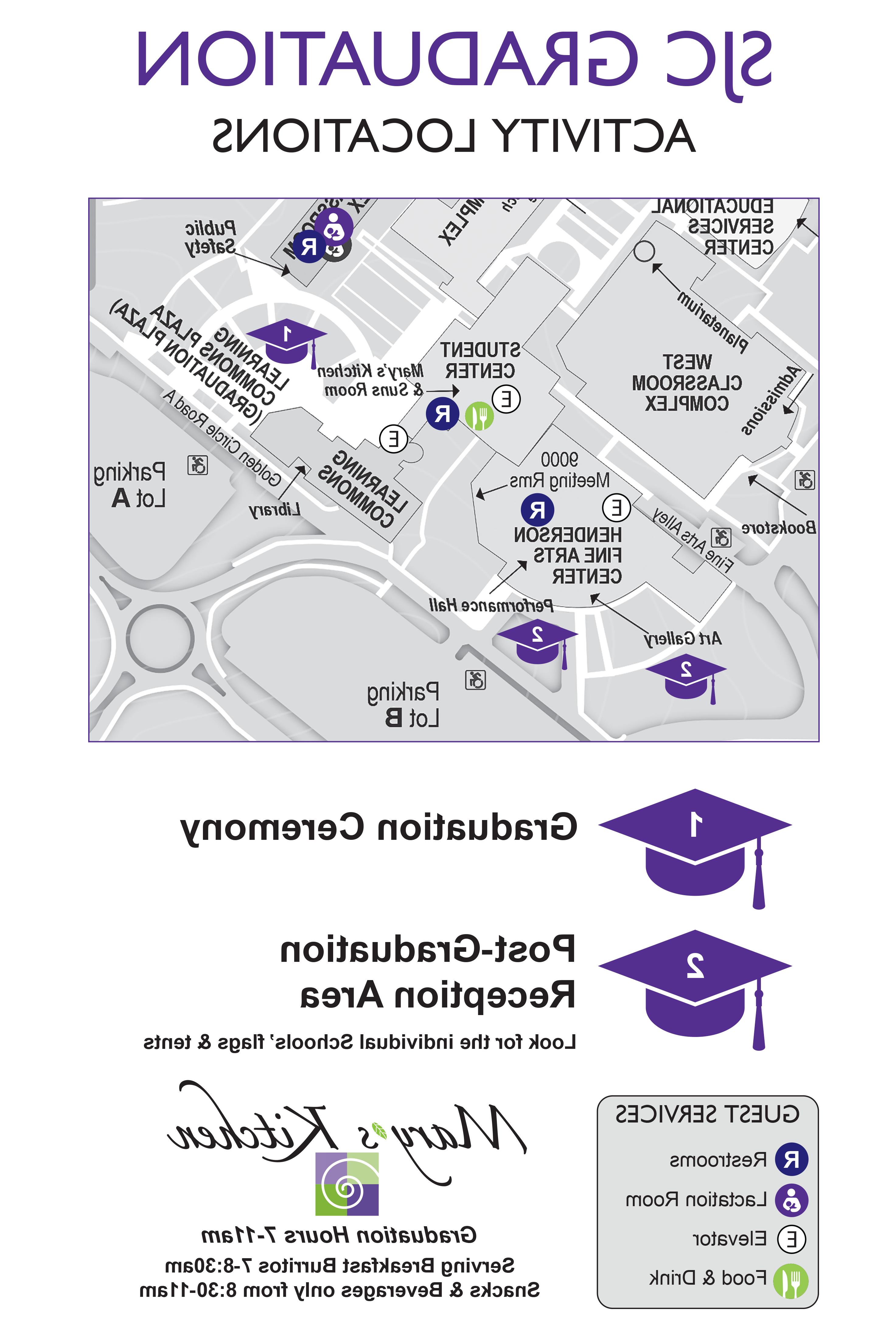 SJC Graduation Activity Locations, map of campus. 1 grad cap location for the graduation Ceremony. #2 Grad Cap Post-Graduation Reception Area look for the individual schools' flags & tents. Guest Services- Restrooms, Lactation Room, Elevator, Food & Drink. Mary's Kitchen Graduation Hours 7-11am Serving Breakfast Burritos 7-8:30am Snacks & Beverages only from 8:30-11am